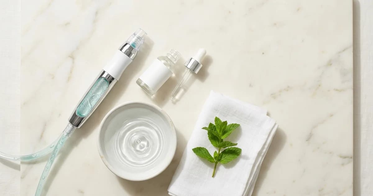 Aquafacial handpiece, serum bottle and water bowl on light marble – comparison of Aqua Facial, HydraFacial and HydroBoost