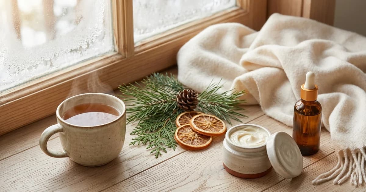 Winter skincare routine with rich cream, serum and warm tea by a fogged-up window