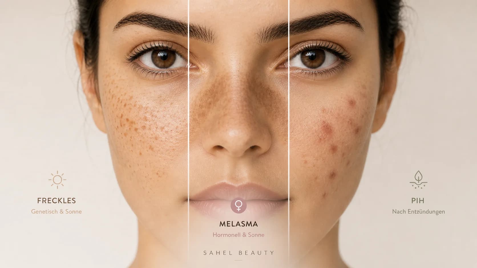 Drei Pigmenttypen im direkten Vergleich — Sommersprossen, Melasma und PIH am selben Gesicht in nebeneinander gestellten Bildausschnitten