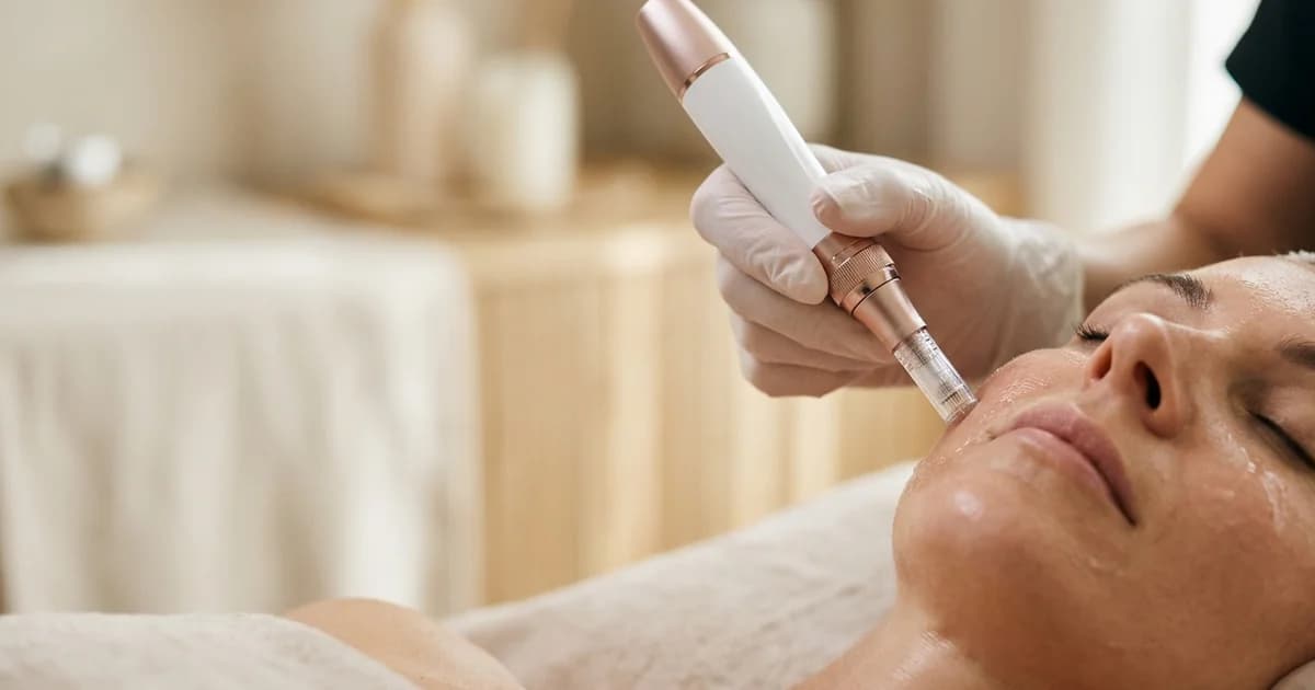 Gentle microneedling treatment with a professional pen device on a relaxed cheek