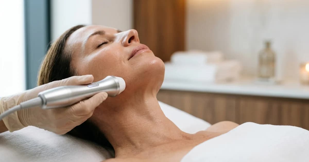 Professional RF lifting device applied to a well-groomed jawline in a modern treatment room