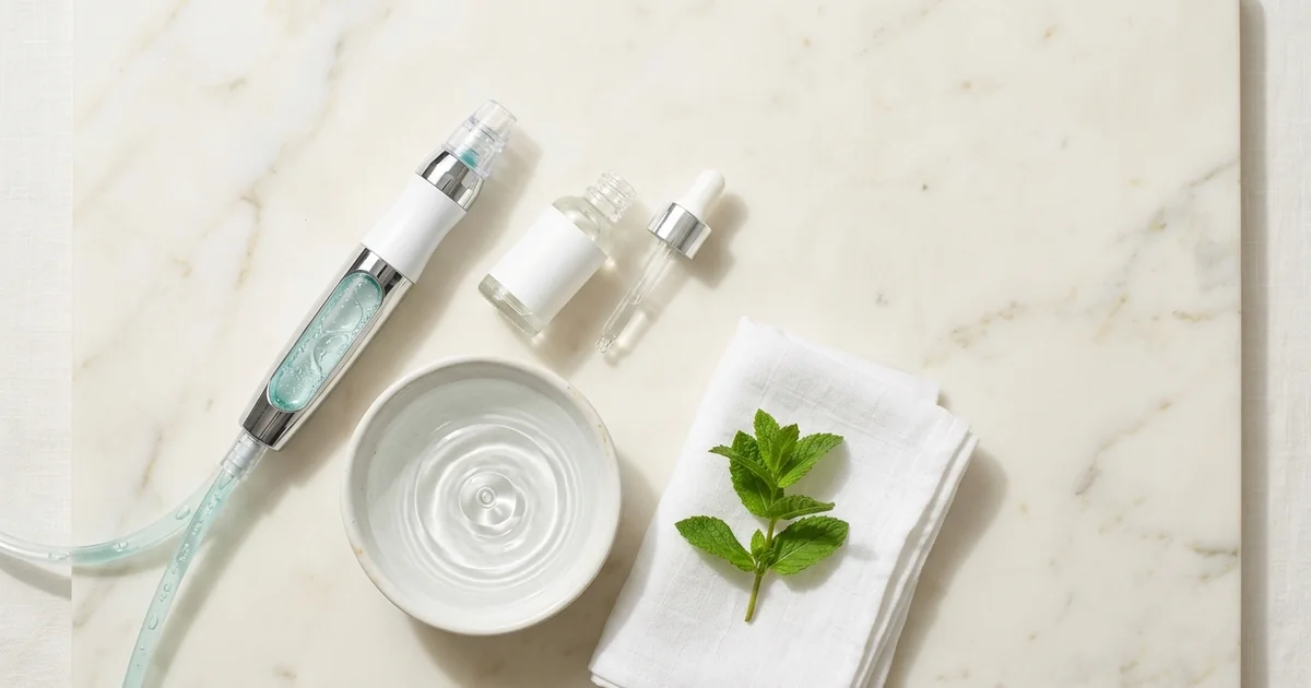 Aquafacial handpiece, serum bottle and water bowl on light marble – comparison of Aqua Facial, HydraFacial and HydroBoost