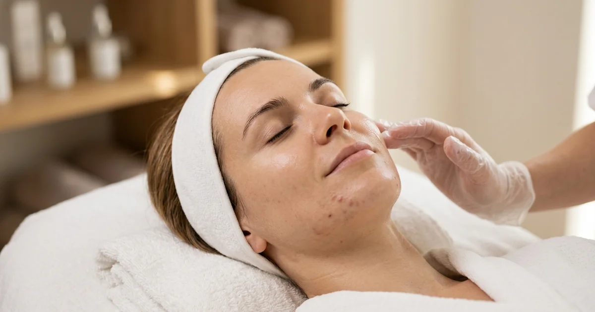 Soothing facial treatment for adult acne-prone skin in a modern Frankfurt beauty studio
