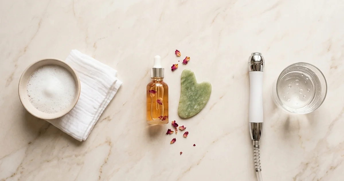 Three pastel skincare setups side by side on light marble – comparing Basic, Classic and HydroBoost Facial