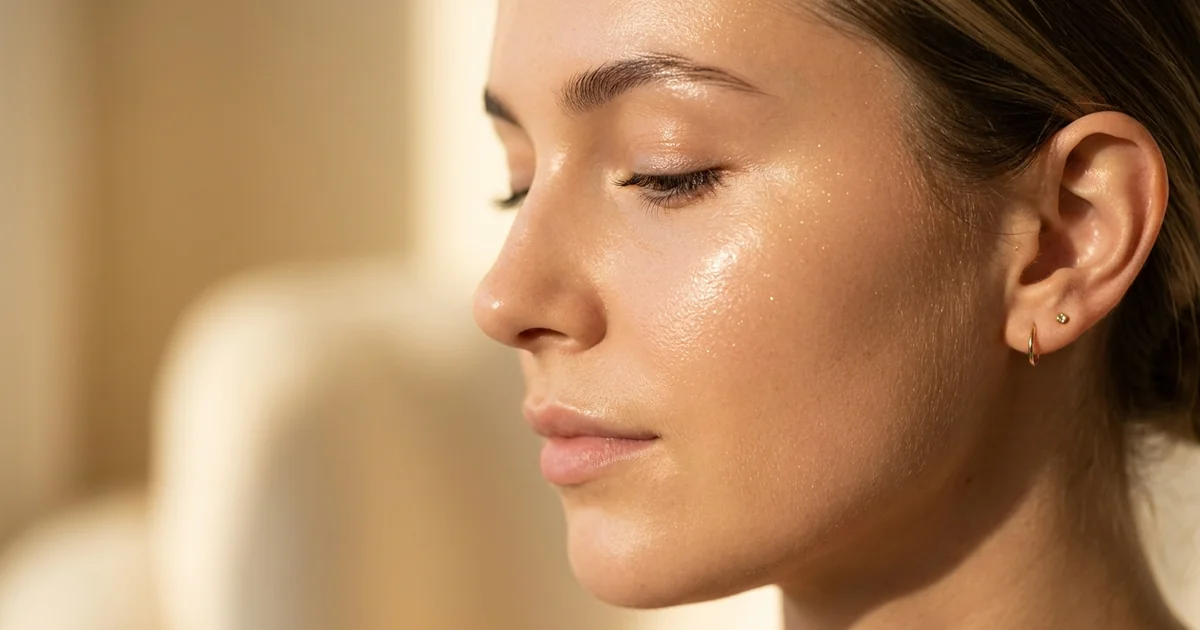 Close-up of flawlessly radiant, dewy skin in soft golden light — Glow Facial result
