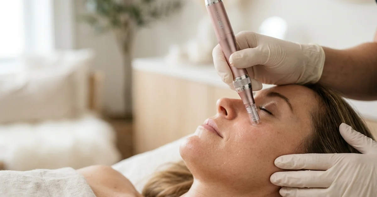 Professional microneedling pen device on a well-cared-for cheek in a modern treatment room